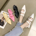 Black braided temperament foreign style single shoes featuring white pointed-toe leather strap sandals in minimalist design