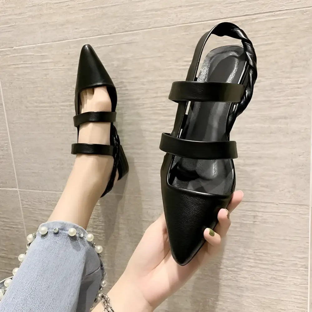 Black braided leather pointed toe slingback flats with temperament foreign style braided strap details
