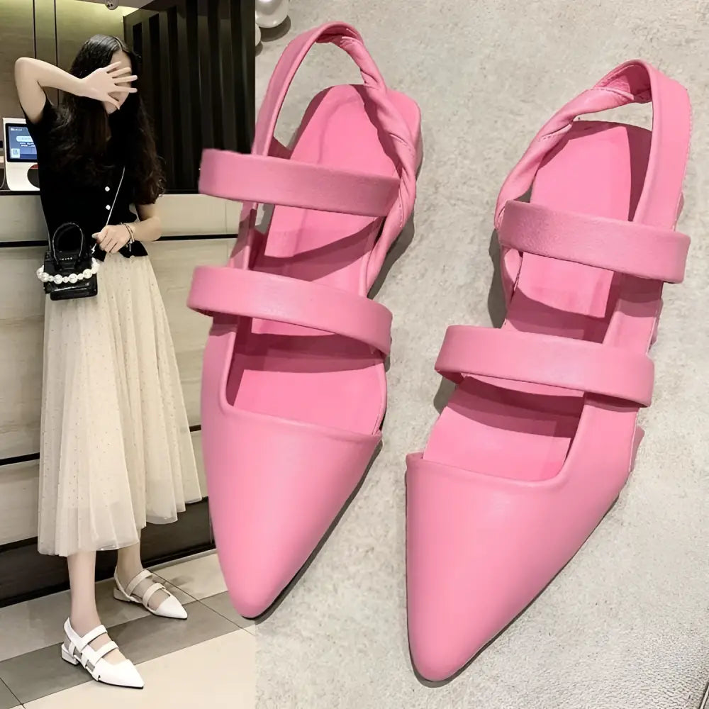Pink pointed-toe leather strap sandals with woven ankle strap showcasing temperament foreign style elegance