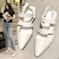 White pointed-toe slingback flats with three leather straps featuring temperament foreign style and black braided details