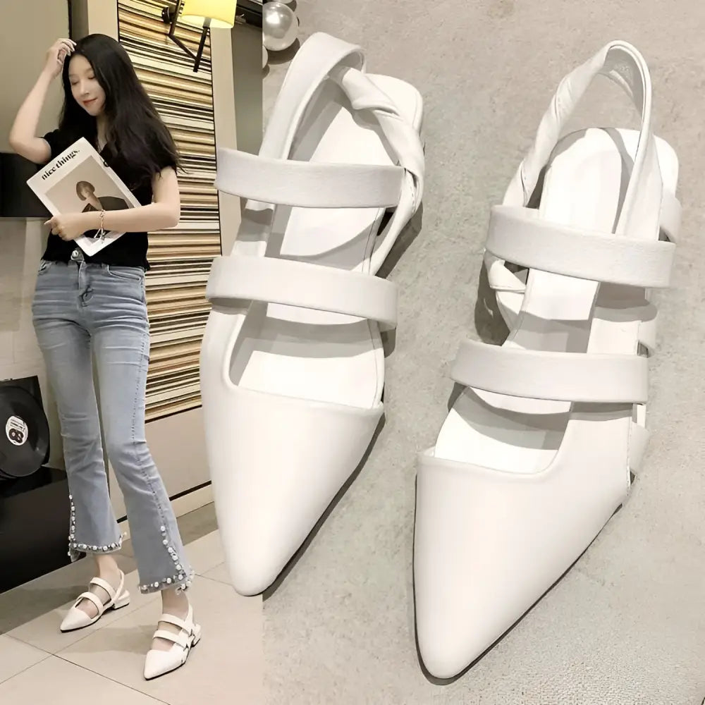White pointed-toe slingback flats with three leather straps featuring temperament foreign style and black braided details