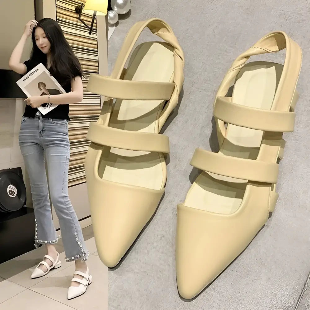 Beige leather strap sandals with pointed toe and three crisscrossing bands in temperament foreign style design