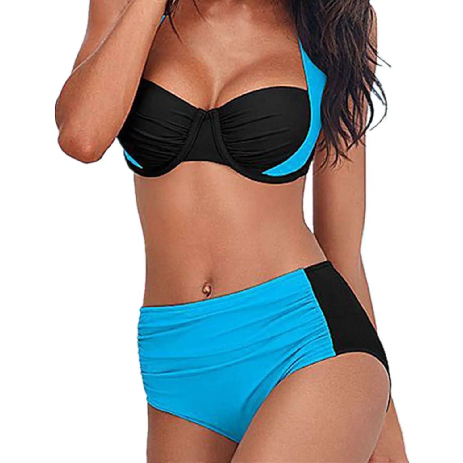 Black and bright blue two-piece triangle bikini set with ruched detailing and high waist design for stylish swimwear in 2026.
