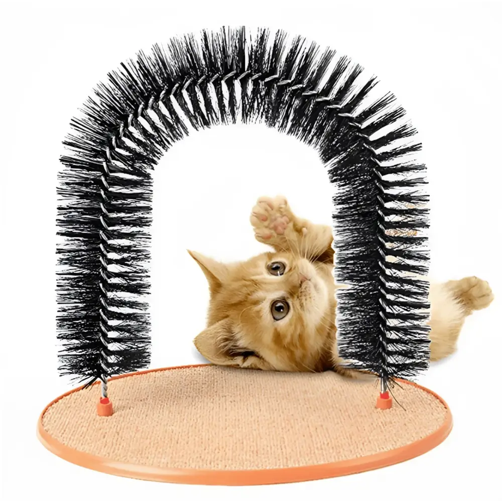 Black bristle grooming cat toy arch with tan scratch pad base designed for cat scratching and grooming