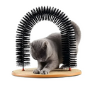 Black bristle grooming cat toy arch with wooden base featuring a scratch pad for feline claw care and play