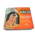Orange tabby cat sitting on a black bristle grooming cat toy arch with orange scratch pad and durable bristles