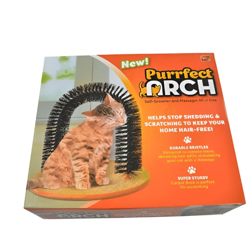 Orange tabby cat sitting on a black bristle grooming cat toy arch with orange scratch pad and durable bristles