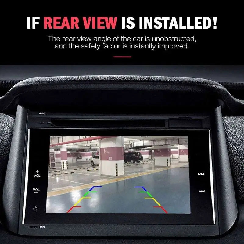Black butterfly camera rearview display with reference line rca cable showing parking garage view with guide lines