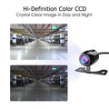 Black butterfly camera with glossy black spherical design purple-tinted lens mounted on metal bracket with reference line RCA cable