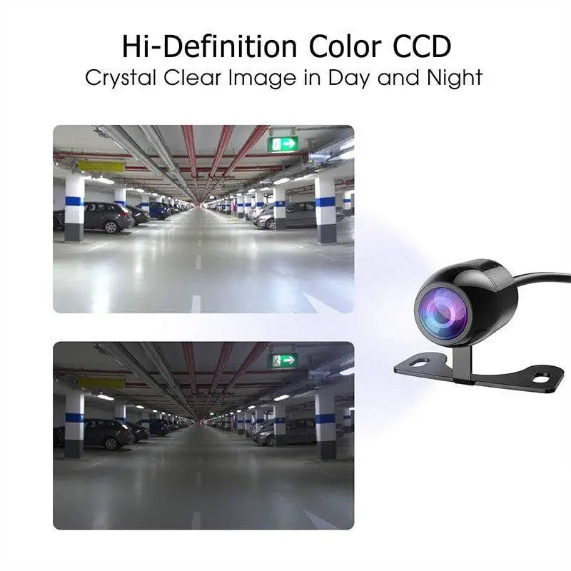 Black butterfly camera with glossy black spherical design purple-tinted lens mounted on metal bracket with reference line RCA cable