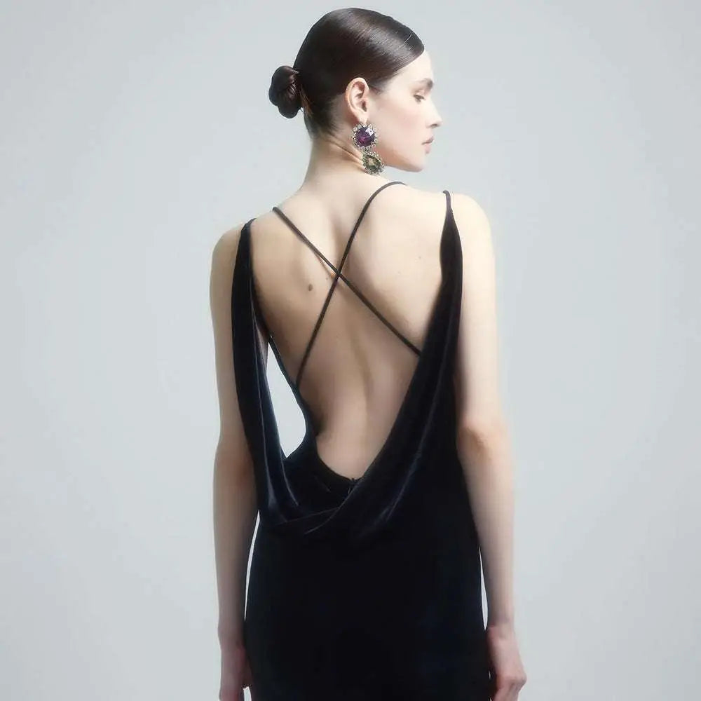Black camisole backless slim fit velvet floral gown showing the crisscross back straps and elegant design