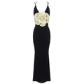 Black camisole backless slim fit velvet floral gown with a black velvet slip dress and cream textured floral embellishment