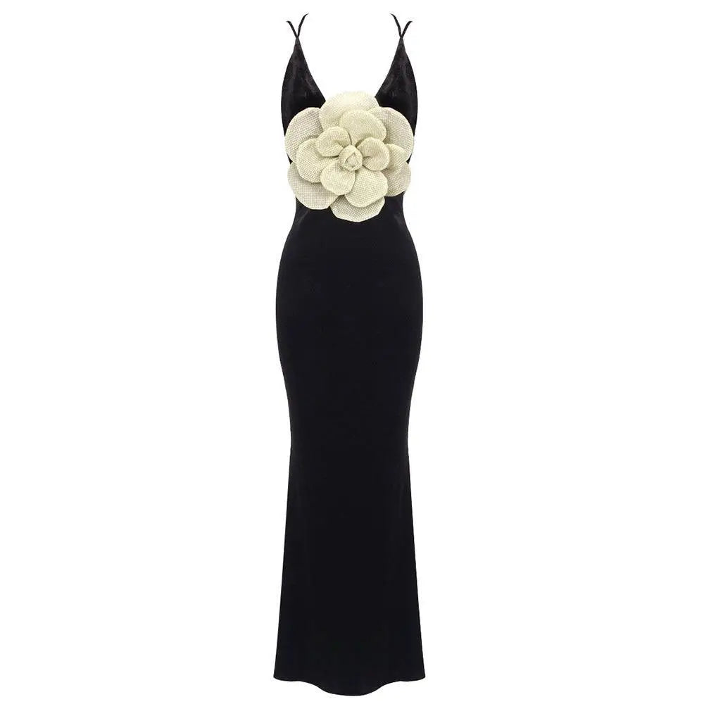 Black camisole backless slim fit velvet floral gown with a black velvet slip dress and cream textured floral embellishment