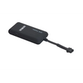 Black car gps positioning system with cable featuring a black rectangular tracker with silver text labeling and connector