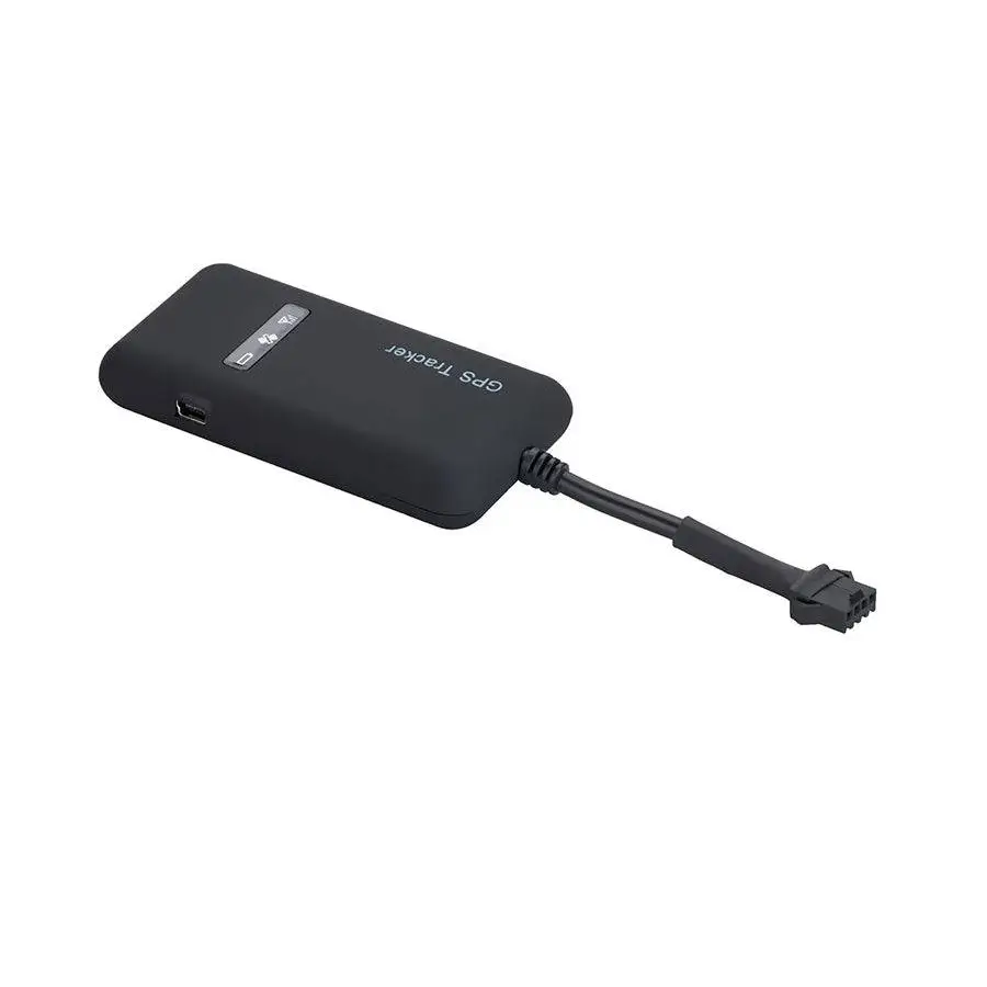 Black car gps positioning system with cable featuring a black rectangular tracker with silver text labeling and connector