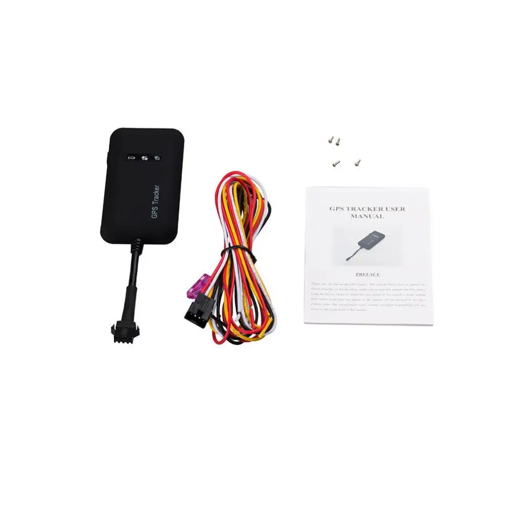 Black car gps positioning system with cable featuring a black rectangular tracker with silver text labeling and connector