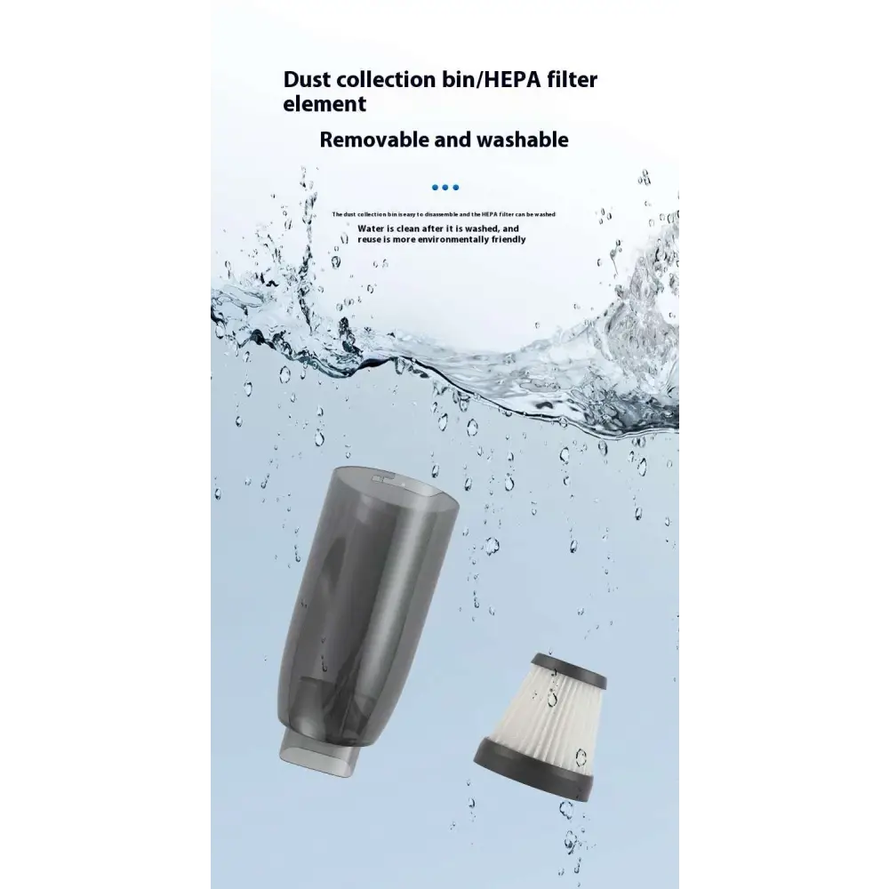 Transparent gray dust collection bin with white hepa filter for easy removal and washing in black car integrated wireless handheld vacuum x1pc