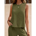 Olive green sleeveless top with relaxed fit and subtle texture paired with black casual loose pants set for comfortable everyday wear