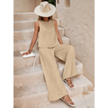 Beige sleeveless top and matching wide-leg casual loose pants set ideal for comfortable everyday wear