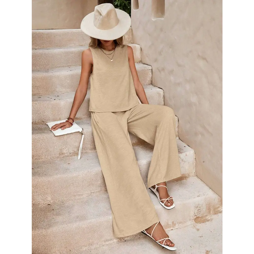 Beige sleeveless top and matching wide-leg casual loose pants set ideal for comfortable everyday wear
