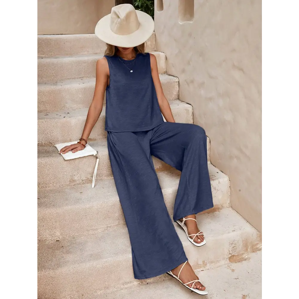 Navy blue sleeveless top and wide-leg casual loose pants set designed for comfortable everyday wear