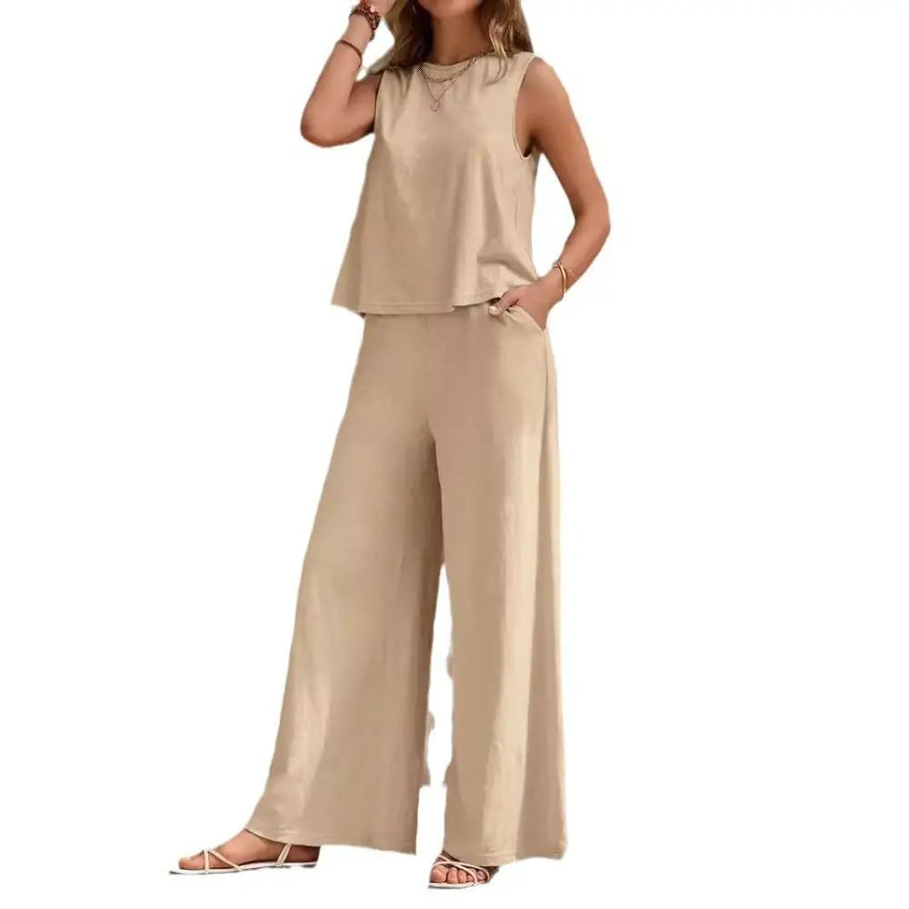 Beige sleeveless top with matching wide-leg casual loose pants set ideal for comfortable everyday wear