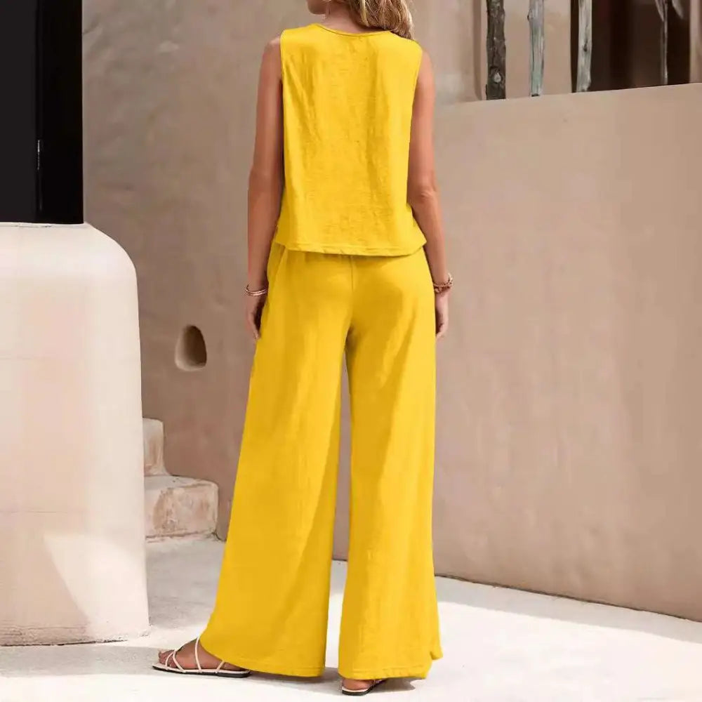 Bright yellow sleeveless top and matching wide-leg loose pants set ideal for casual loose pants comfortable everyday wear