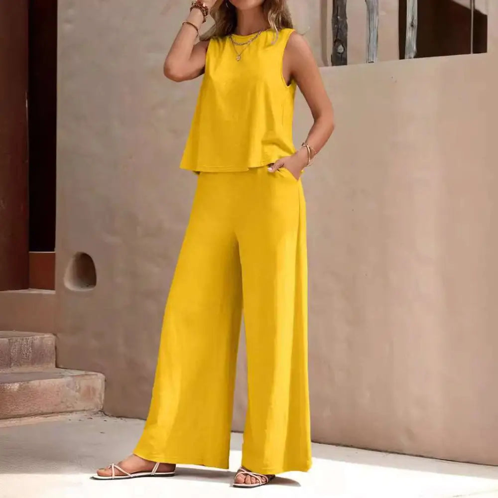 Bright yellow sleeveless top and matching wide-leg loose pants set for comfortable everyday wear and casual loose pants style