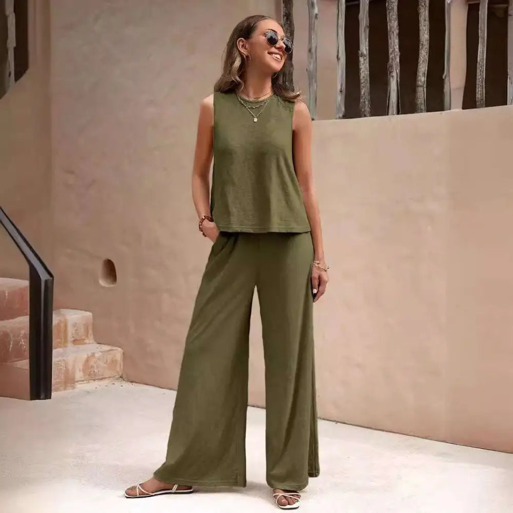 Olive green sleeveless top and matching wide-leg casual loose pants set for comfortable everyday wear