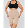 Beige high-waisted seamless two-layer shaper shorts for casual slim leggings shapewear set, front view