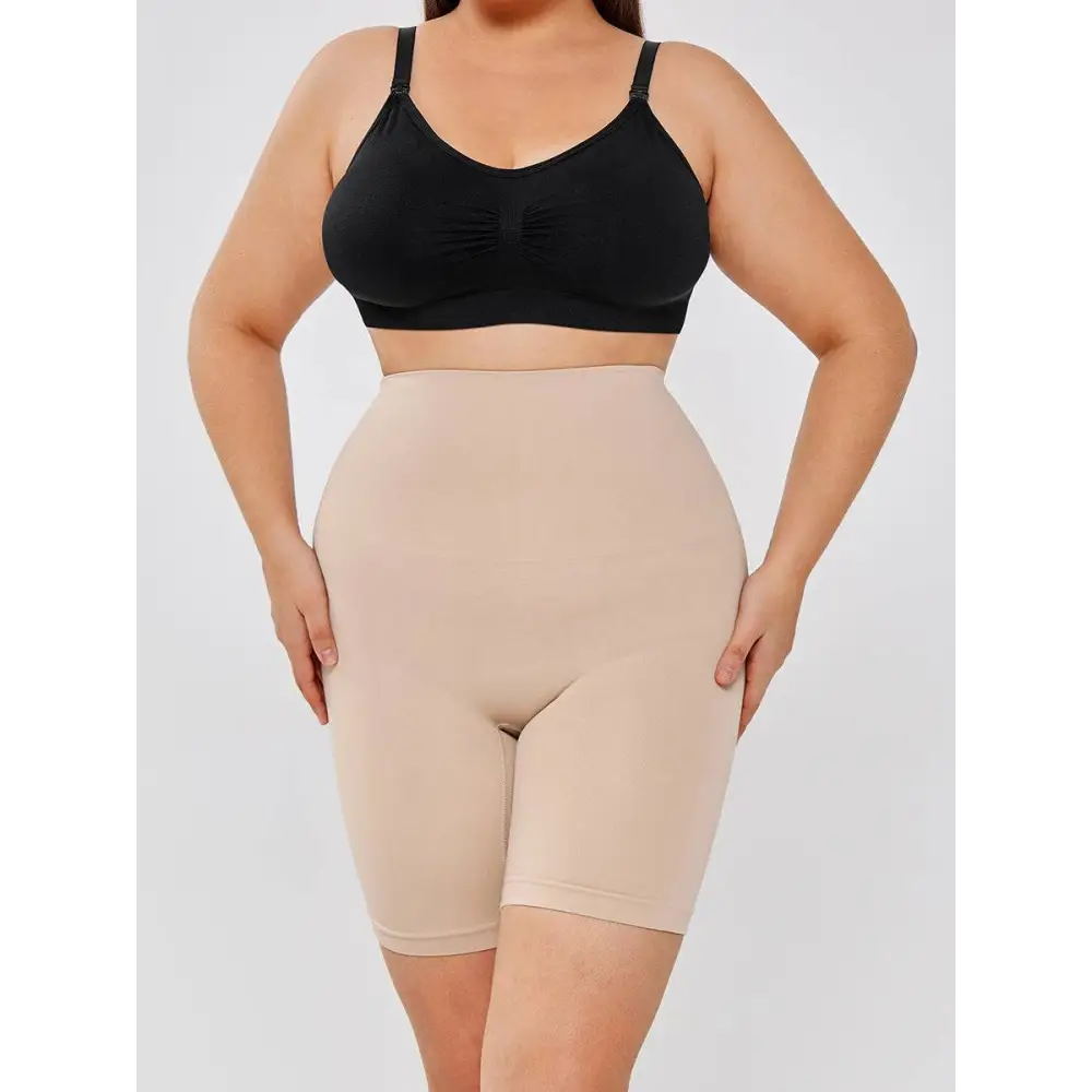 Beige high-waisted seamless two-layer shaper shorts for casual slim leggings shapewear set, front view