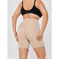 Beige high-waisted seamless two-layer shaper shorts featured in black casual slim leggings shapewear set