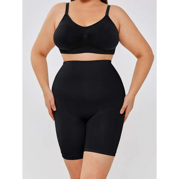 Black casual slim leggings shapewear set with supportive bra top and two-layer shaper shorts in seamless fabric