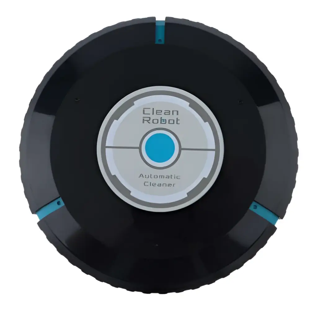 Black circular auto cleaner robot with blue and silver clean robot automatic cleaner label for home auto cleaner use