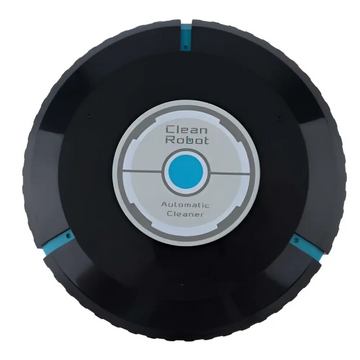 Black circular auto cleaner robot with blue and silver clean robot automatic cleaner label for home auto cleaner use