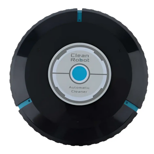 Black circular auto cleaner robot with blue and silver clean robot automatic cleaner label for home auto cleaner use