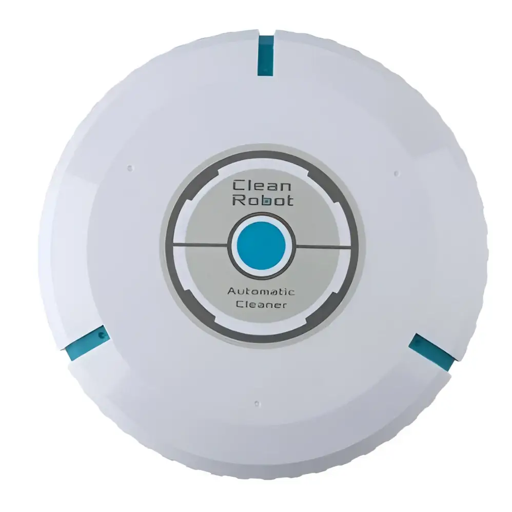 White circular auto cleaner robot with teal accents and central control panel for smart robotic mop use