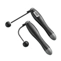 Black cordless electronic skipping rope with textured grip handles, spherical weights, and digital display for workouts