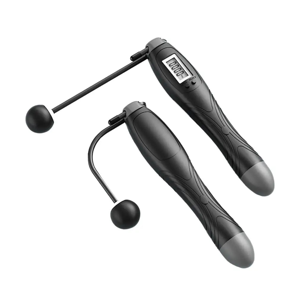 Black cordless electronic skipping rope with textured grip handles, spherical weights, and digital display for workouts