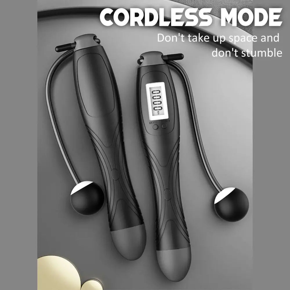Black cordless electronic skipping rope with digital display and ergonomic handles for effective skipping rope workouts