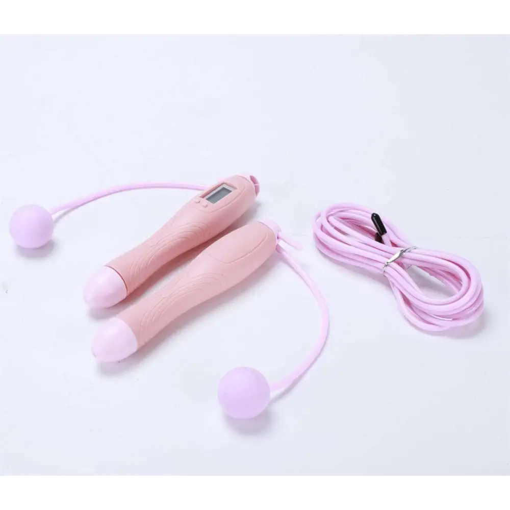 Black cordless electronic skipping rope with pink digital jump rope handles and soft lavender spherical ends for workouts