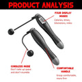 Black cordless electronic skipping rope with digital display showing calories times kilometers and miles for skipping rope workouts