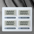 White digital pedometer with four lcd screens displaying counting, mile, kilometer, and calorie modes for cordless electronic skipping rope workouts