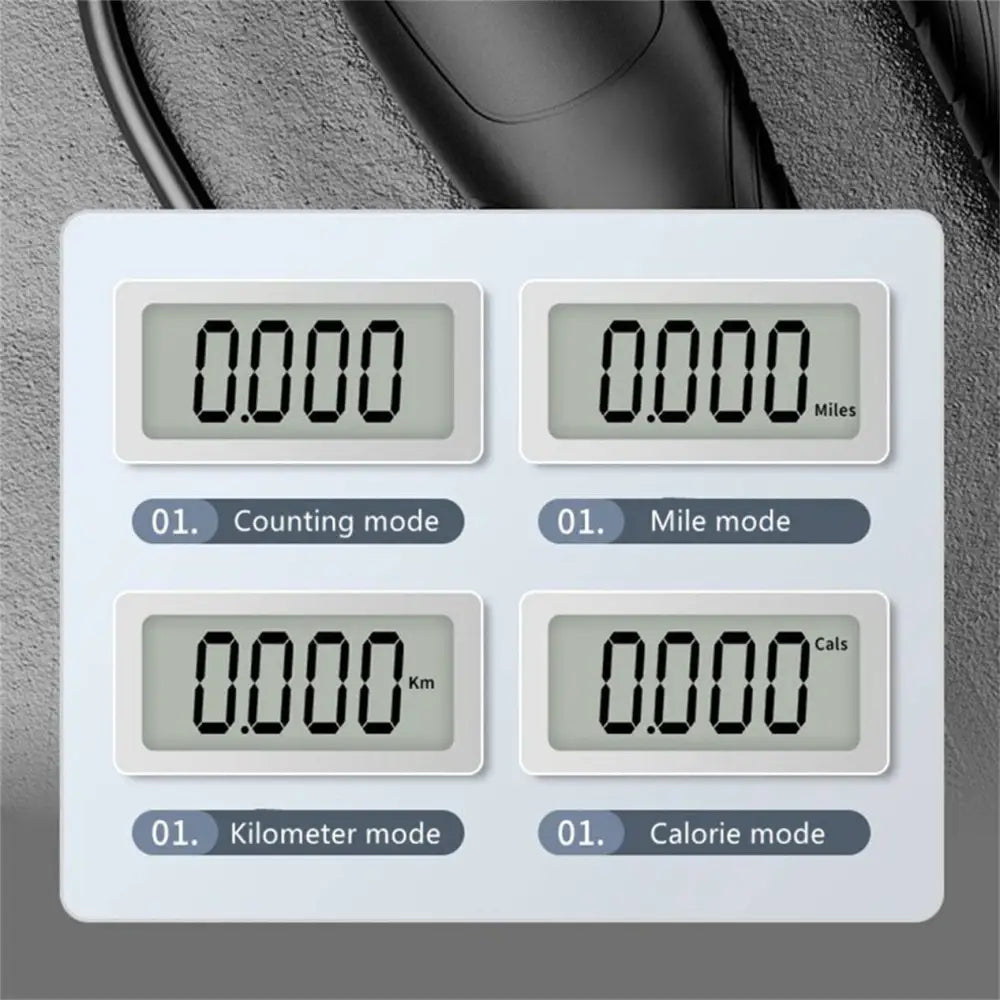 White digital pedometer with four lcd screens displaying counting, mile, kilometer, and calorie modes for cordless electronic skipping rope workouts