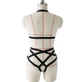 Black crisscross lace sexy bodysuit featuring intricate strappy harness design in black lace material