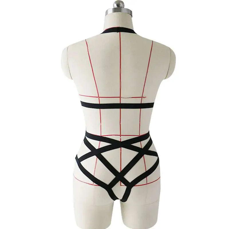 Black crisscross lace sexy bodysuit featuring intricate strappy harness design in black lace material