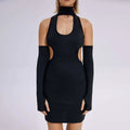 Black cut out sleeveless slim short mini dress with high neck, cut-out shoulders, and long fitted fingerless gloves for fashion summer sleeveless look