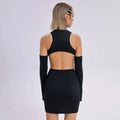 Black cut out sleeveless slim short mini dress shown from back with long sleeves and fingerless gloves for summer fashion