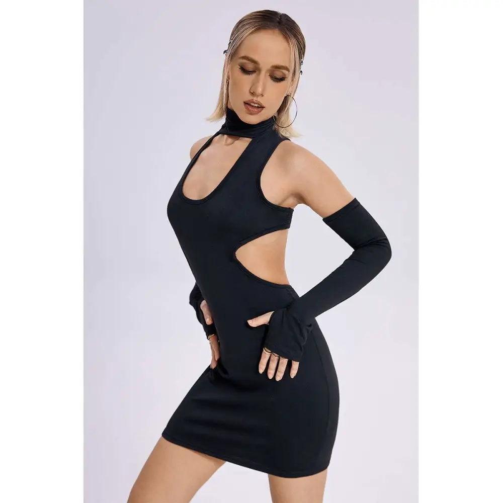Black cut out sleeveless slim short mini dress with fingerless gloves featuring fashion summer sleeveless style