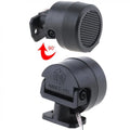 Black cylindrical vertical car horn tweeters with perforated grille and mounting bracket made of black plastic